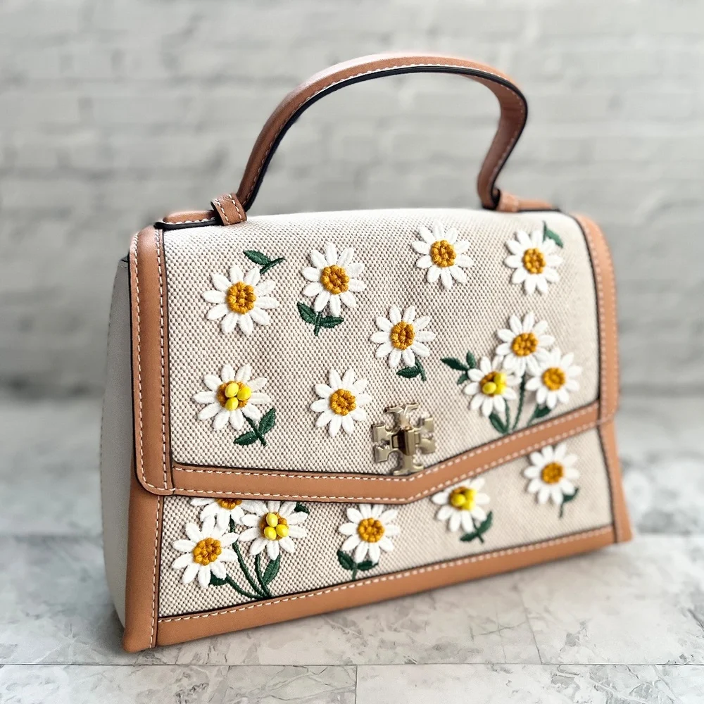 NEW Tory Burch Kira Daisy Canvas Applique Top Handle Satchel
